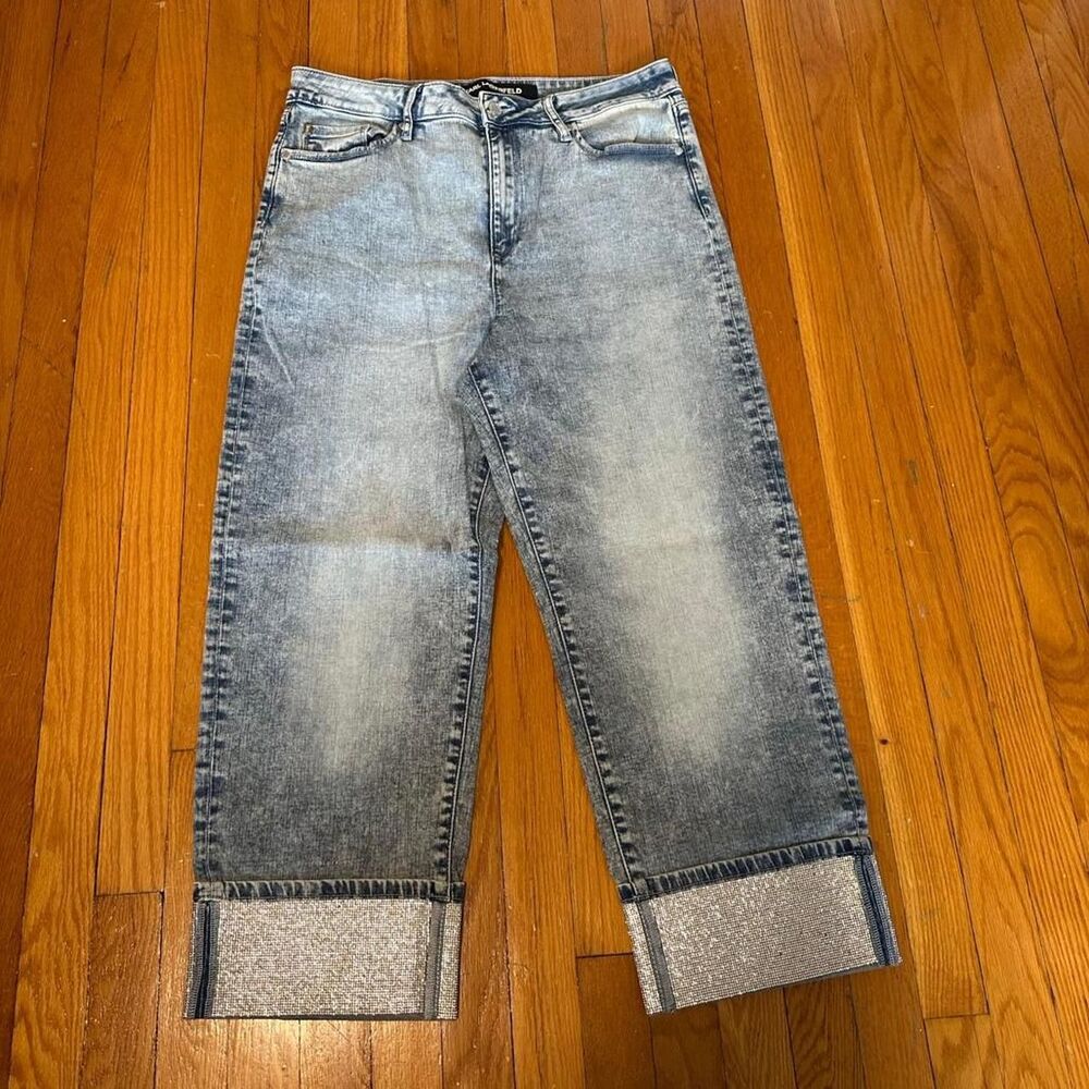 Karl Lagerfeld Paris Jeans Size 14 Rhinestone Crystal Cuff Wide Leg Denim Pants
